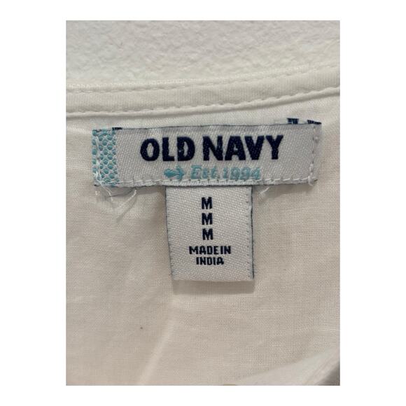 Old Navy Dress Linen Blend Size Medium White Floral Embroidery Contrast Hem Flaw - Picture 4 of 11